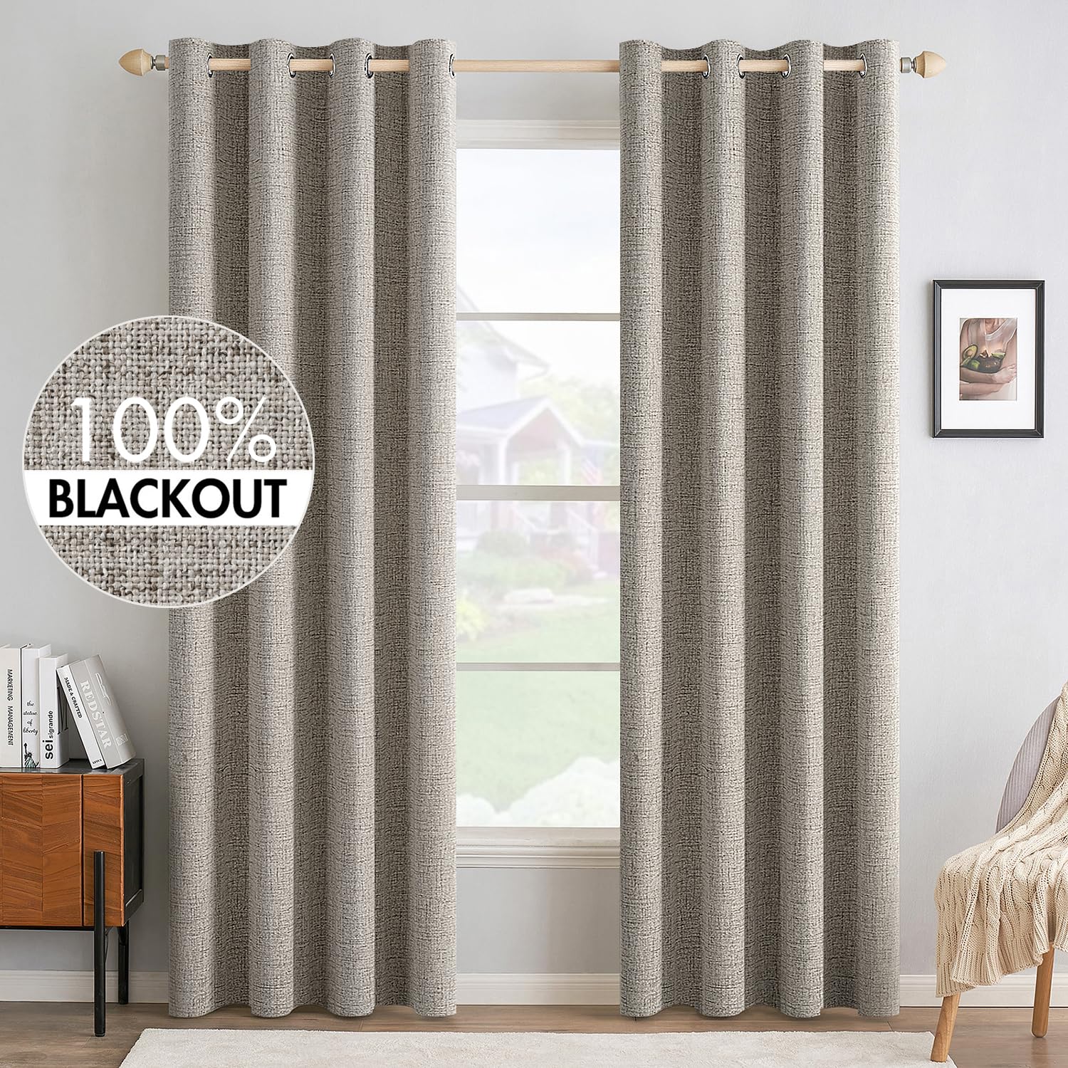 MIULEE linen blackout curtains in greige darken bedrooms for daytime sleepers