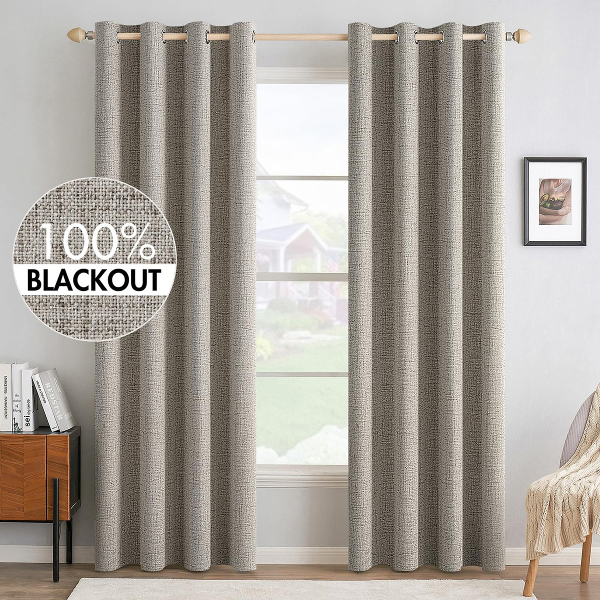 MIULEE linen blackout curtains in greige darken bedrooms for daytime sleepers