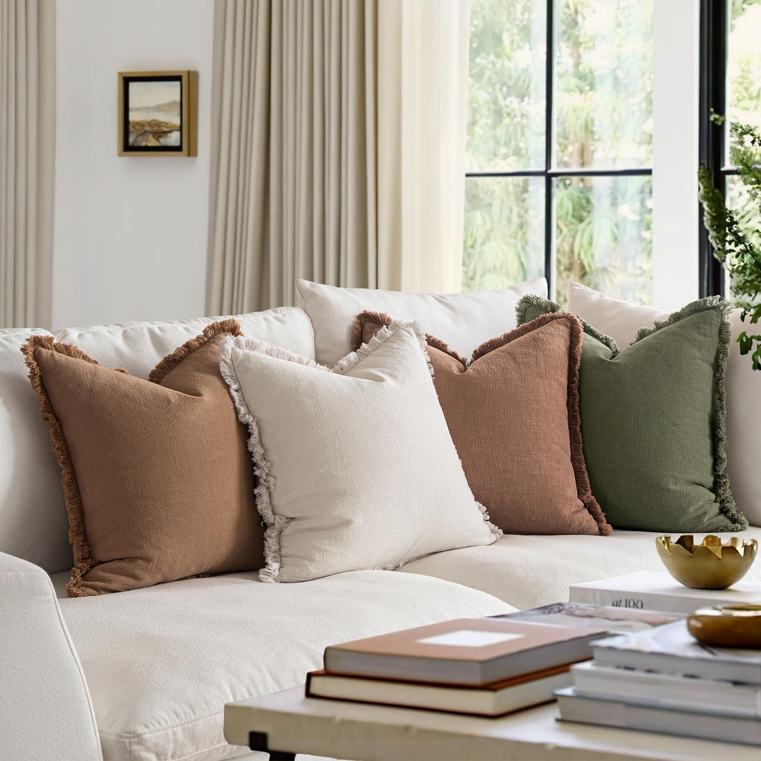 MIULEE linen pillow cover on bed or couch for cohesive farmhouse decor.