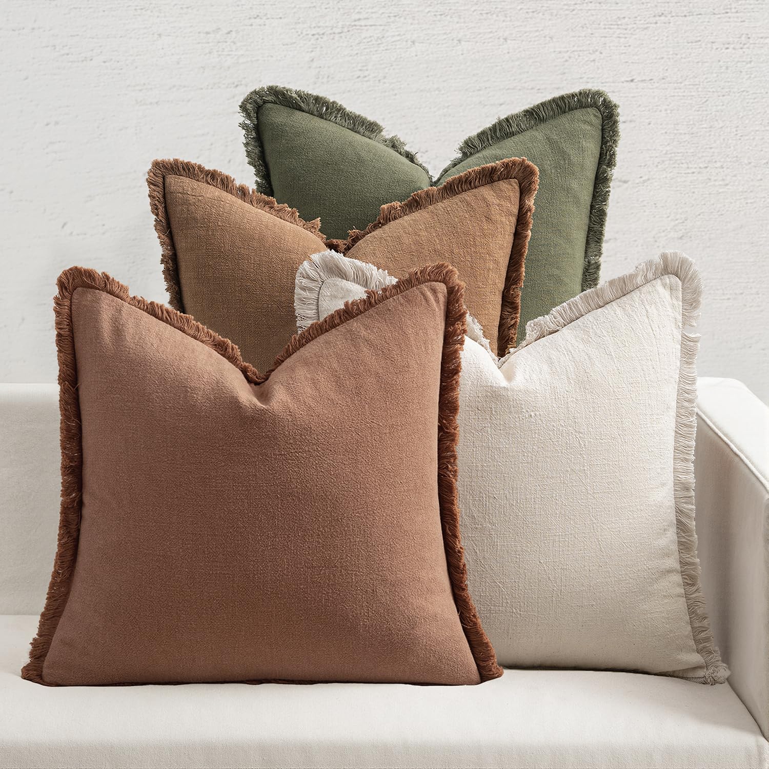 MIULEE linen pillow cover fringe beige 18x18 adds rustic charm to your sofa.