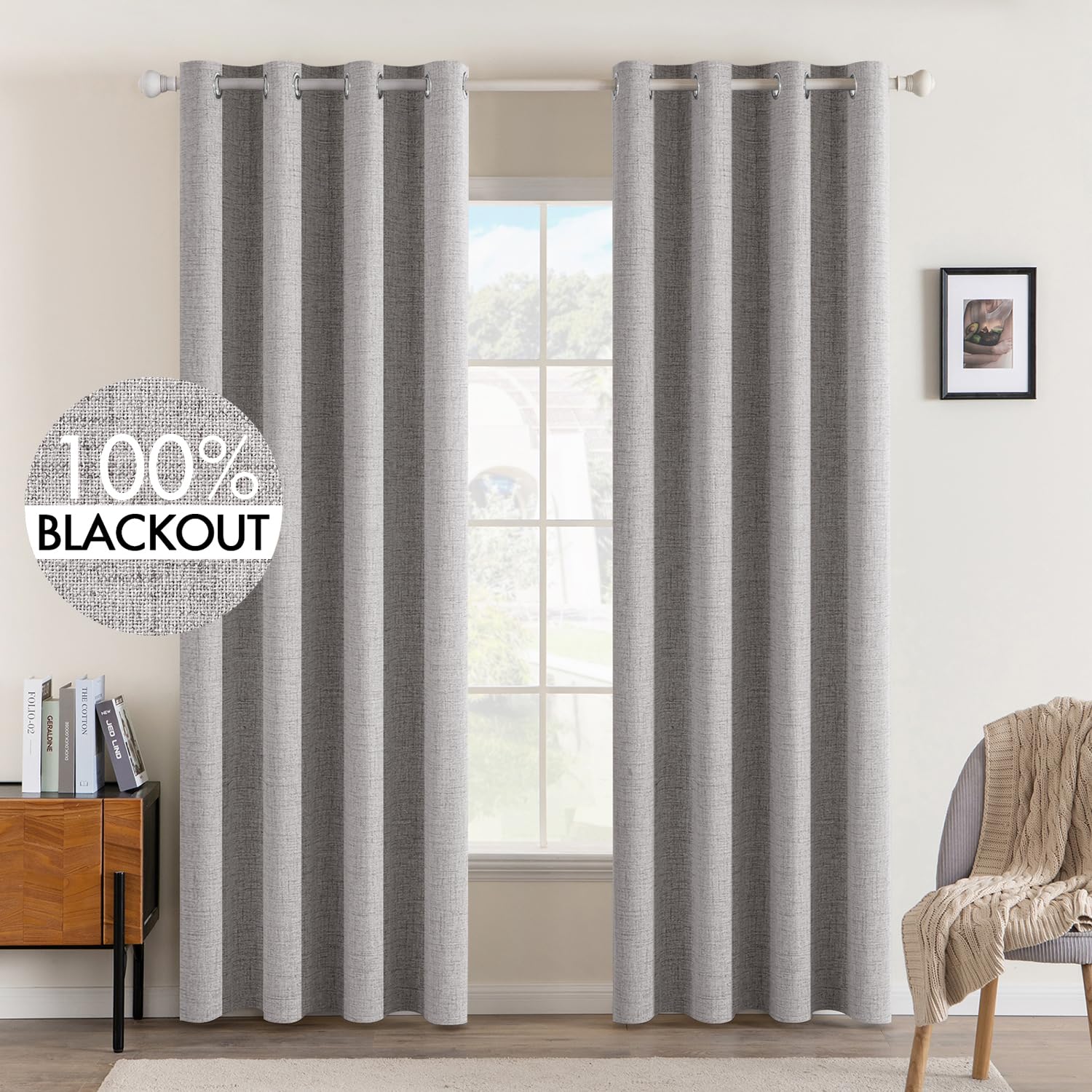 MIULEE linen texture curtain panel 52x84 closeup shows soft faux-linen weave for a serene bedroom.
