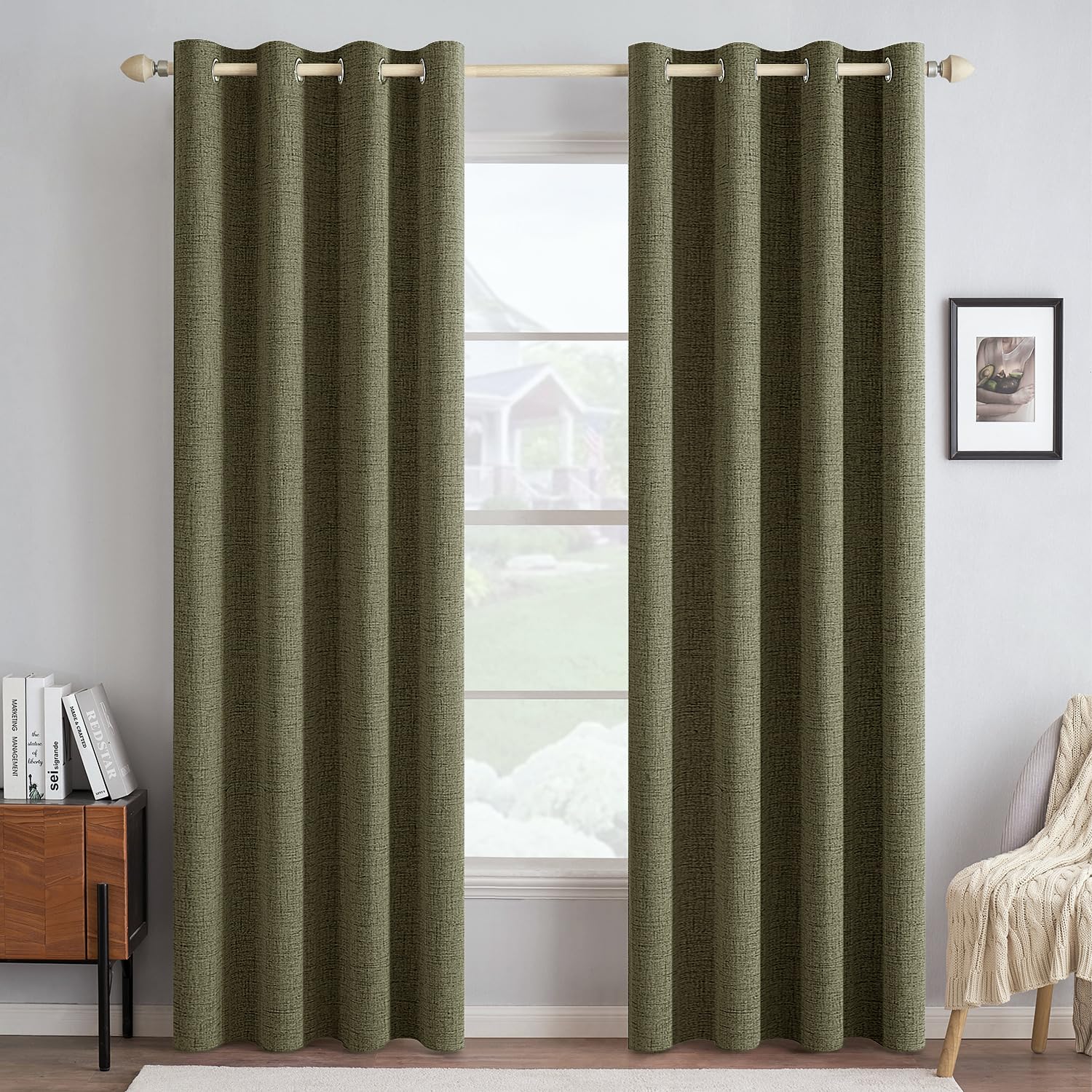 MIULEE linen-texture curtains in olive green, close-up of soft surface for cozy bedroom ambiance