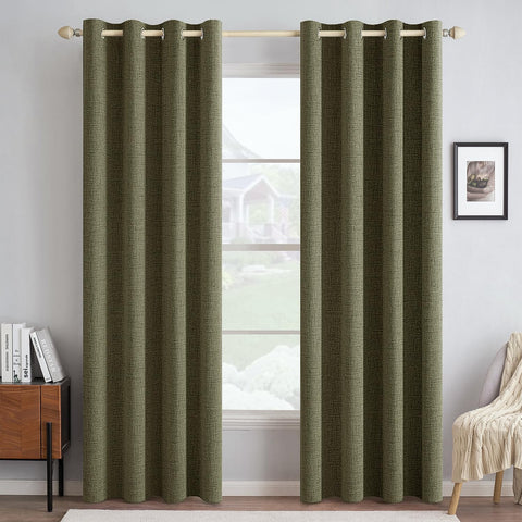 MIULEE linen-texture curtains in olive green, close-up of soft surface for cozy bedroom ambiance