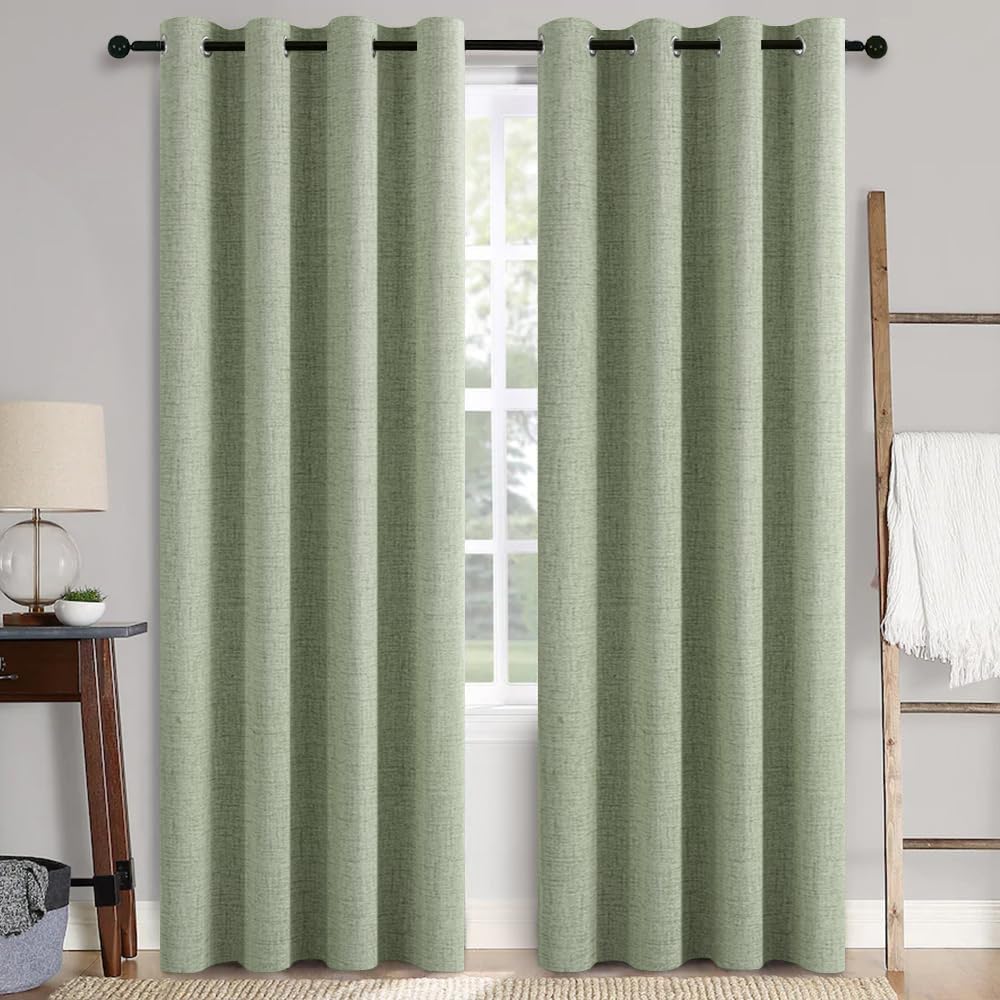 MIULEE linen texture curtains in sage green, front view, enhance privacy and light control