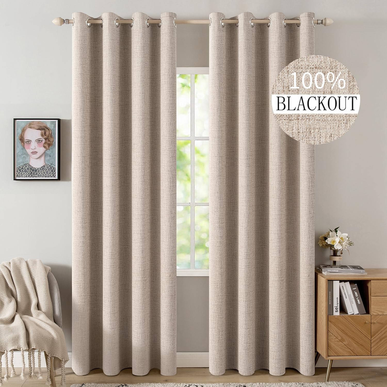 MIULEE linen textured curtains closeup showing premium fabric texture for a refined bedroom look.