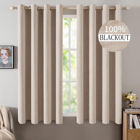 MIULEE linen textured curtains in natural beige, panel close-up showcasing premium texture for a cozy bedroom.