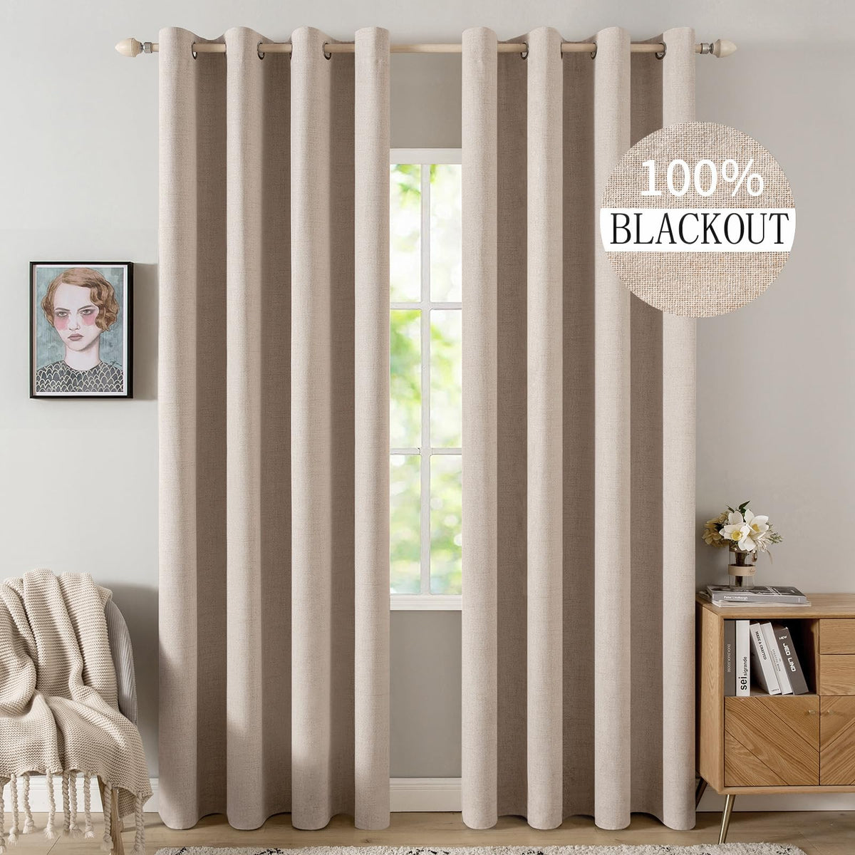 MIULEE linen textured blackout curtains front view showing beige color and modern decor