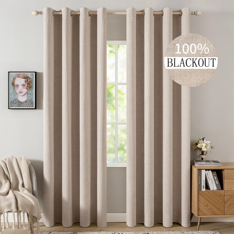 MIULEE linen textured blackout curtains front view showing beige color and modern decor