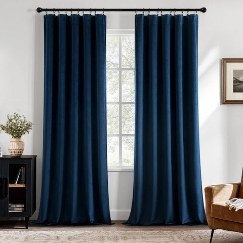 MIULEE Navy Blue Velvet Curtains 84in close-up highlight soft texture and color depth for elegance.