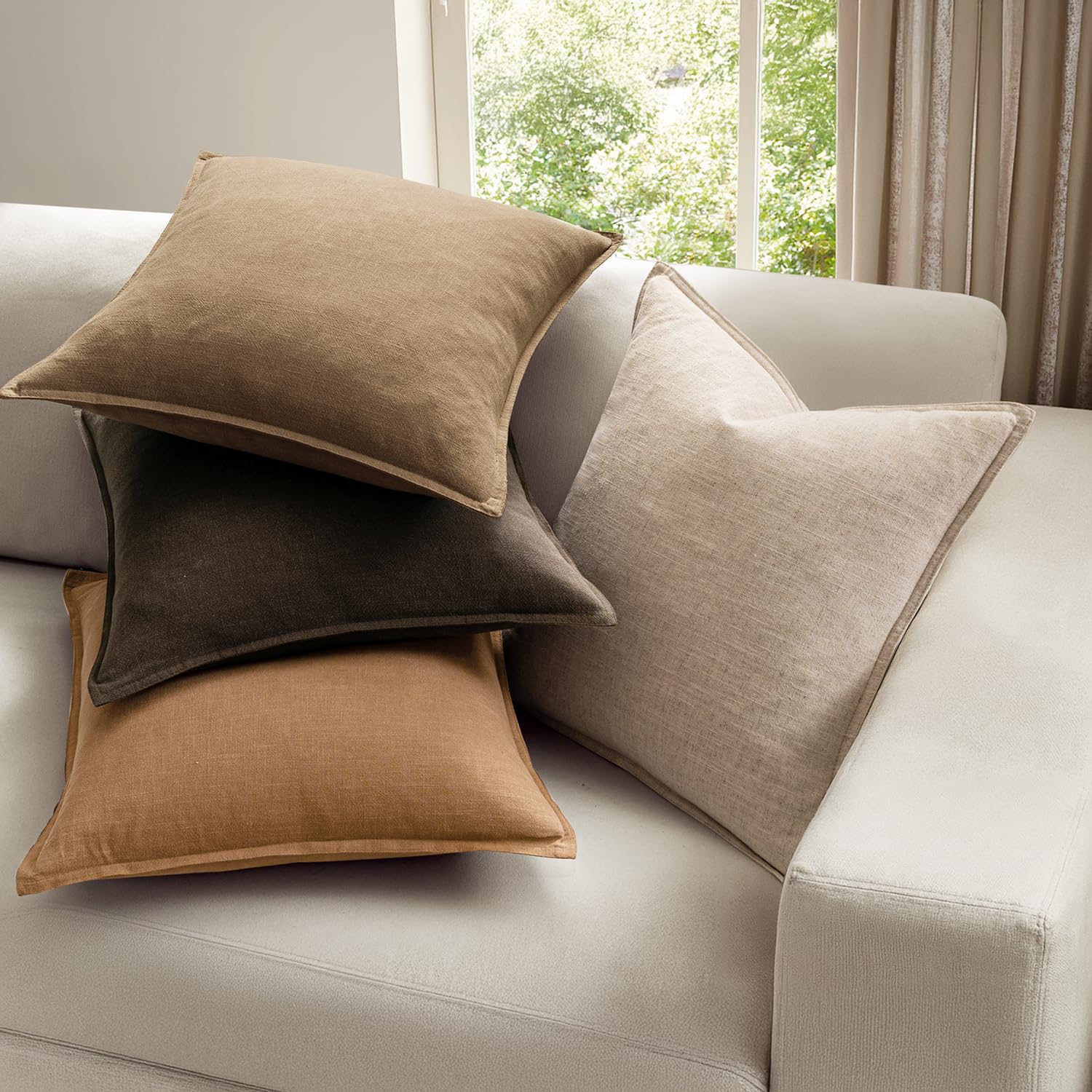 MIULEE neutral brown linen pillow cover on couch display showcasing versatile indoor décor.