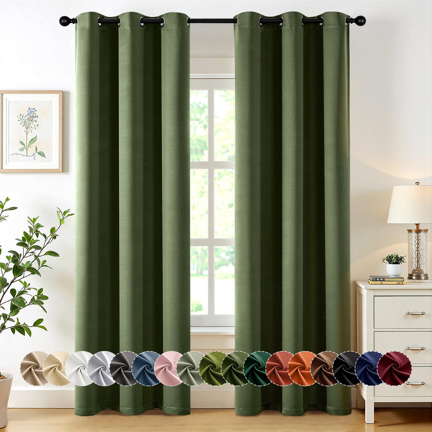 MIULEE olive green blackout curtains hanging in a living room for privacy and light control