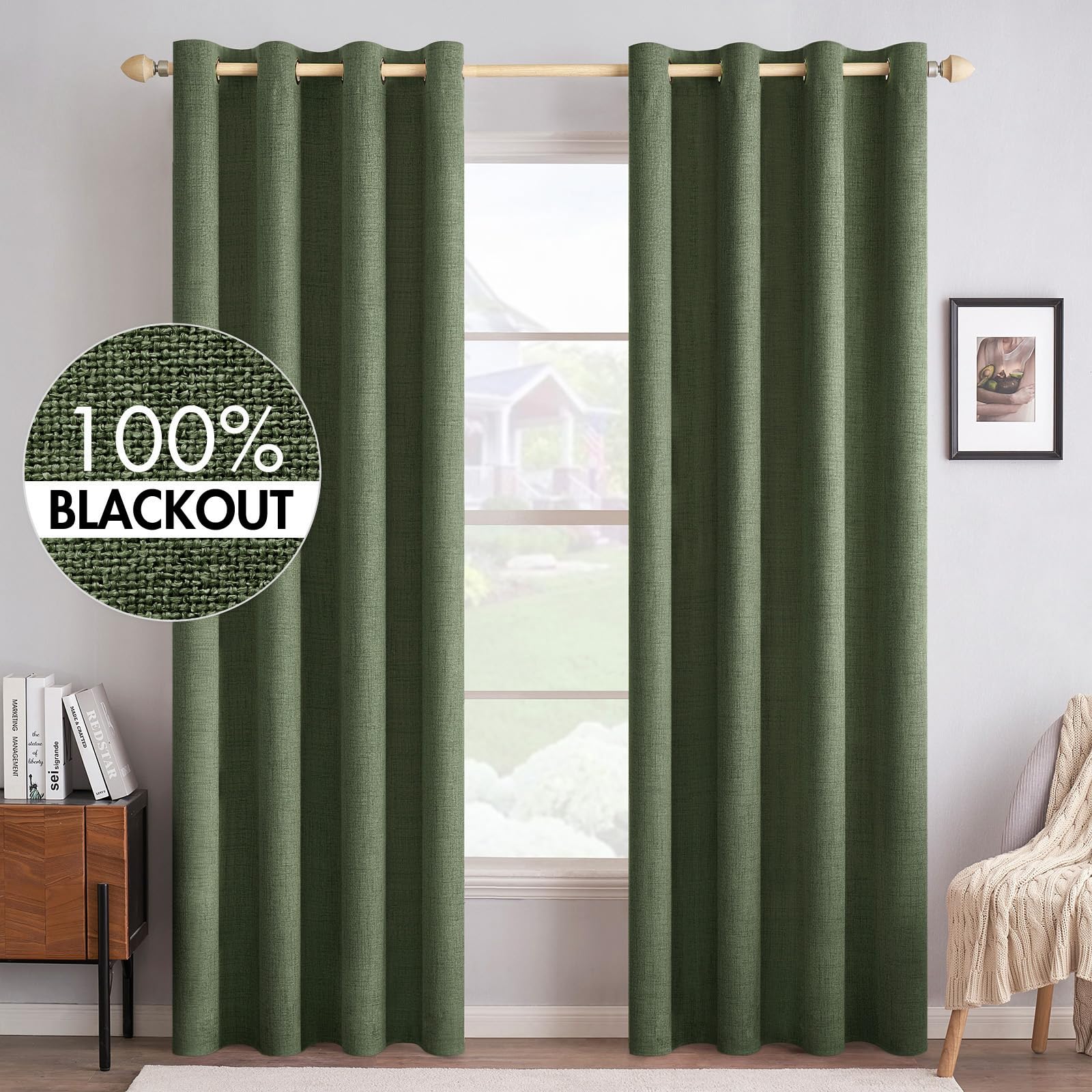 MIULEE olive green linen textured curtains two panels in 52x84 for room darkening