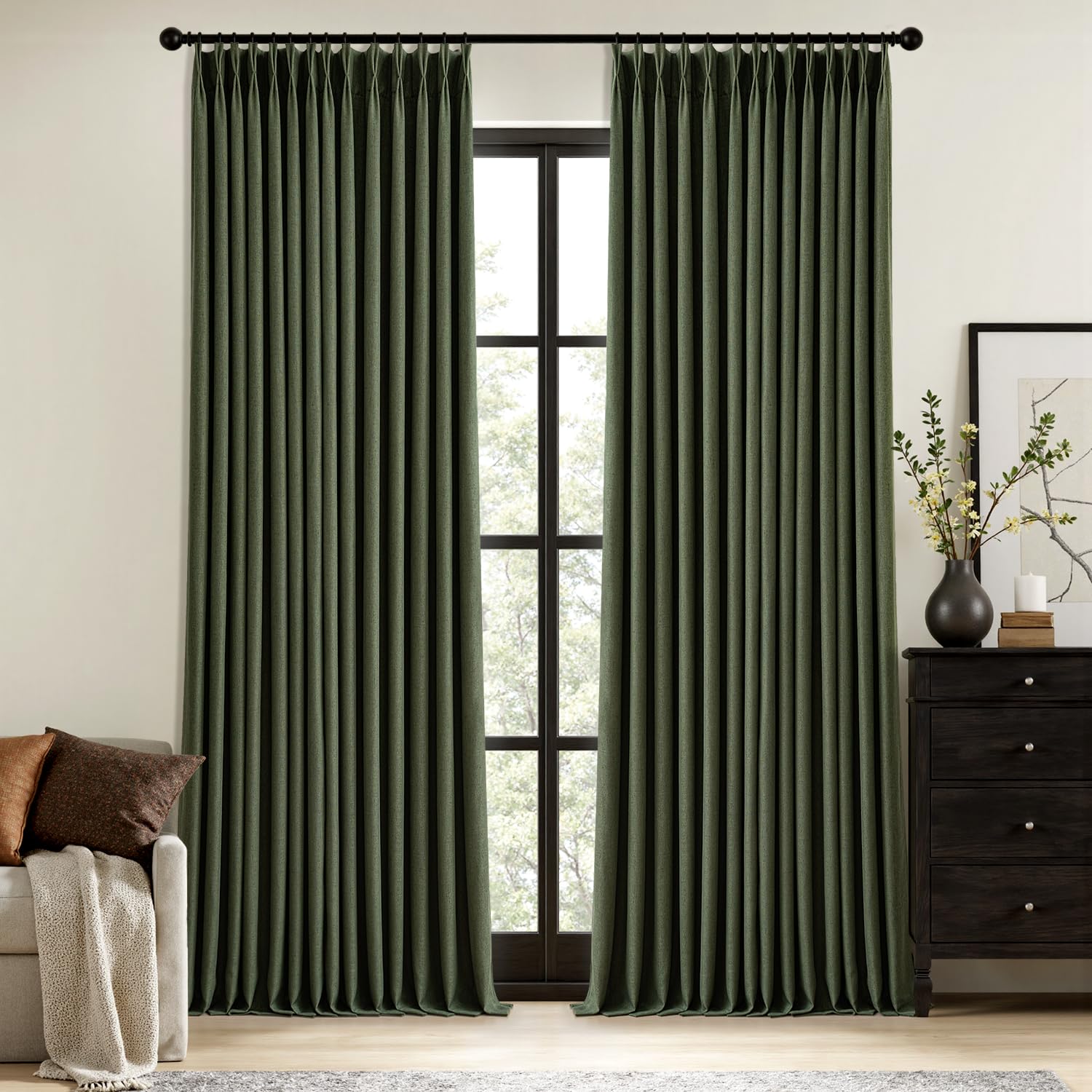 MIULEE olive-green pinched-pleat curtains for full room darkening