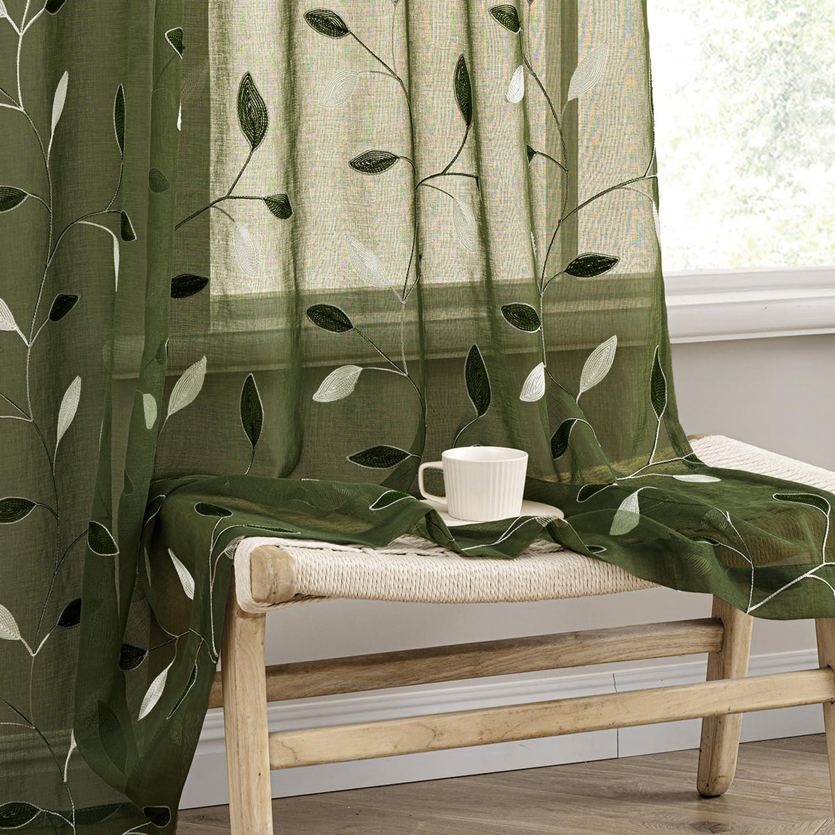 MIULEE olive green sheer curtains with embroidered leaves brighten living spaces
