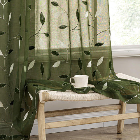 MIULEE olive green sheer curtains with embroidered leaves brighten living spaces