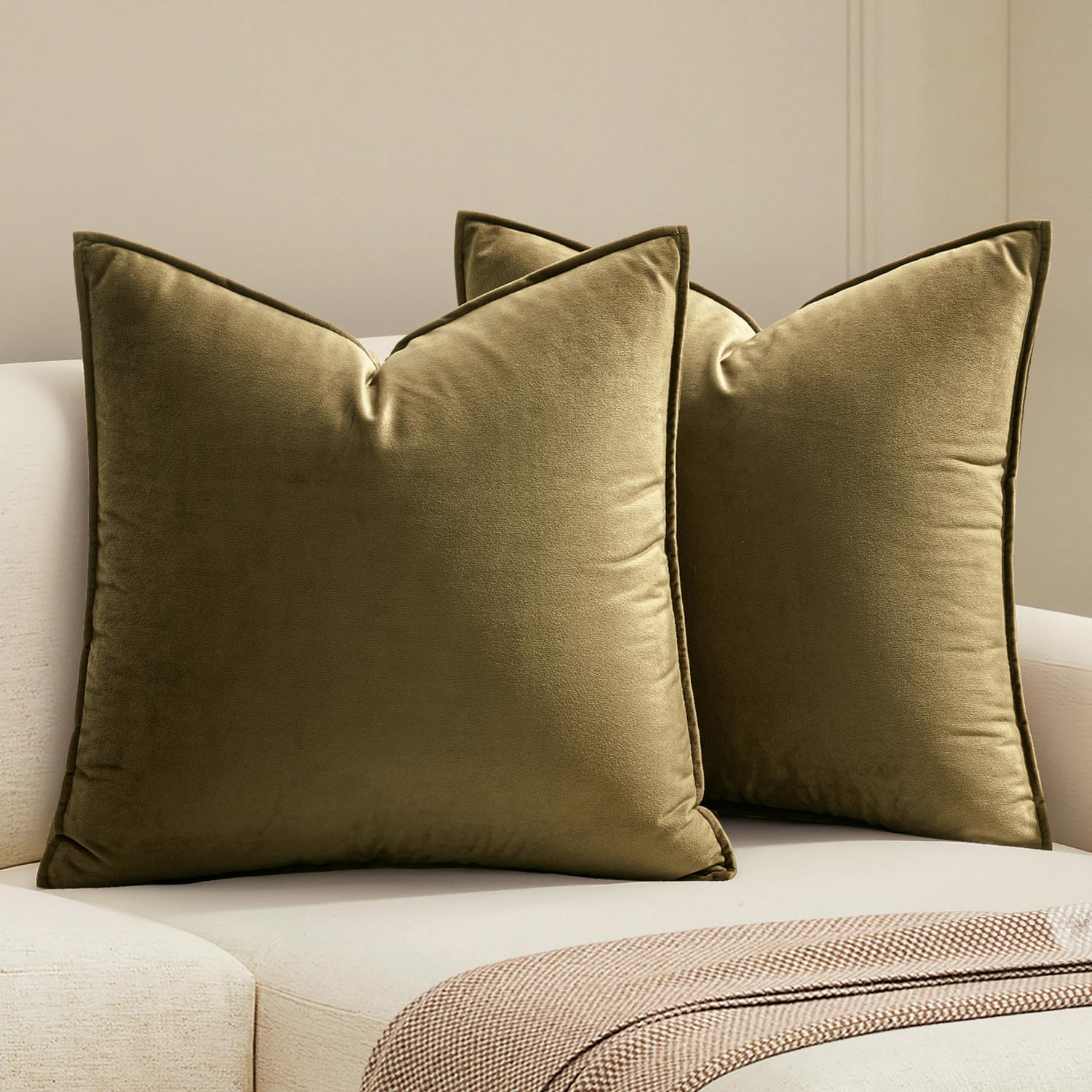 MIULEE olive green velvet pillow cover front view adds soft luxury to your sofa.