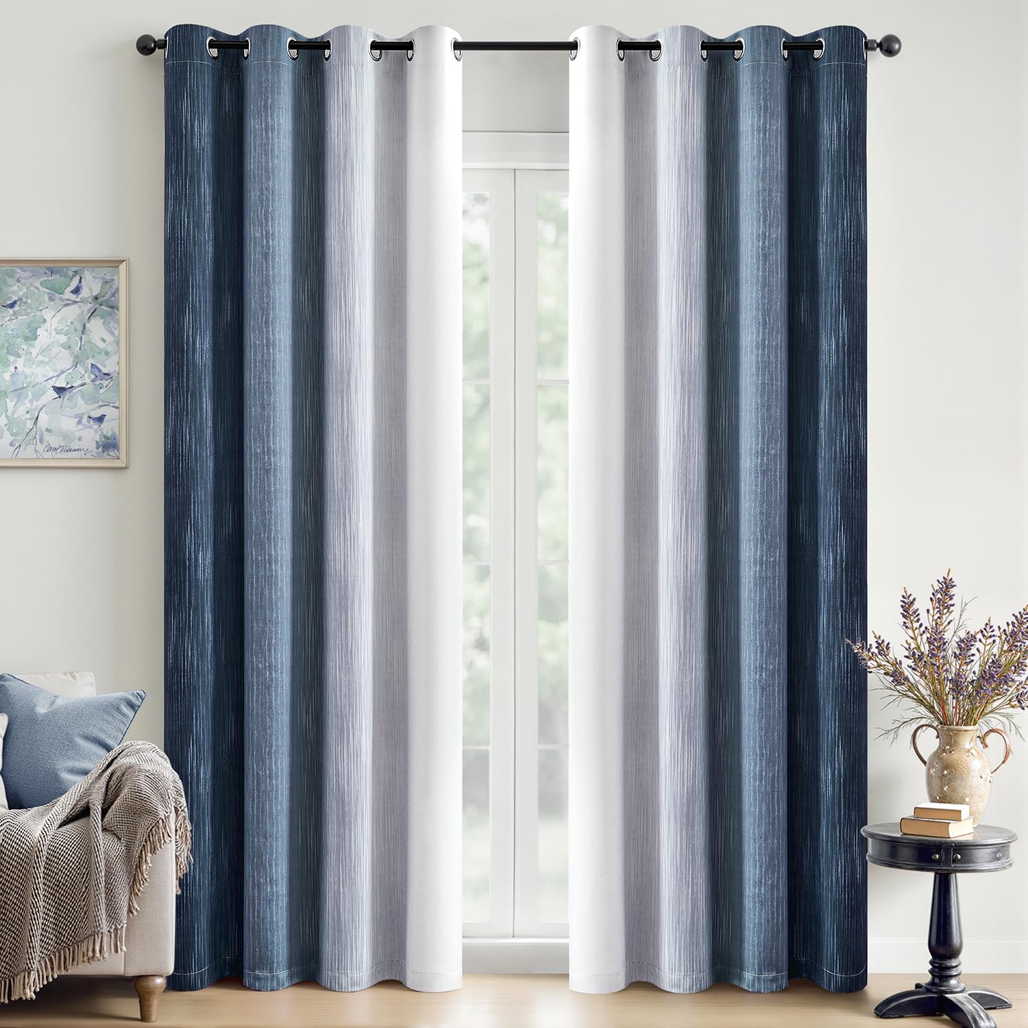 MIULEE Ombre blackout curtains in navy to gray-white, front view showing 52x84 size for room darkening