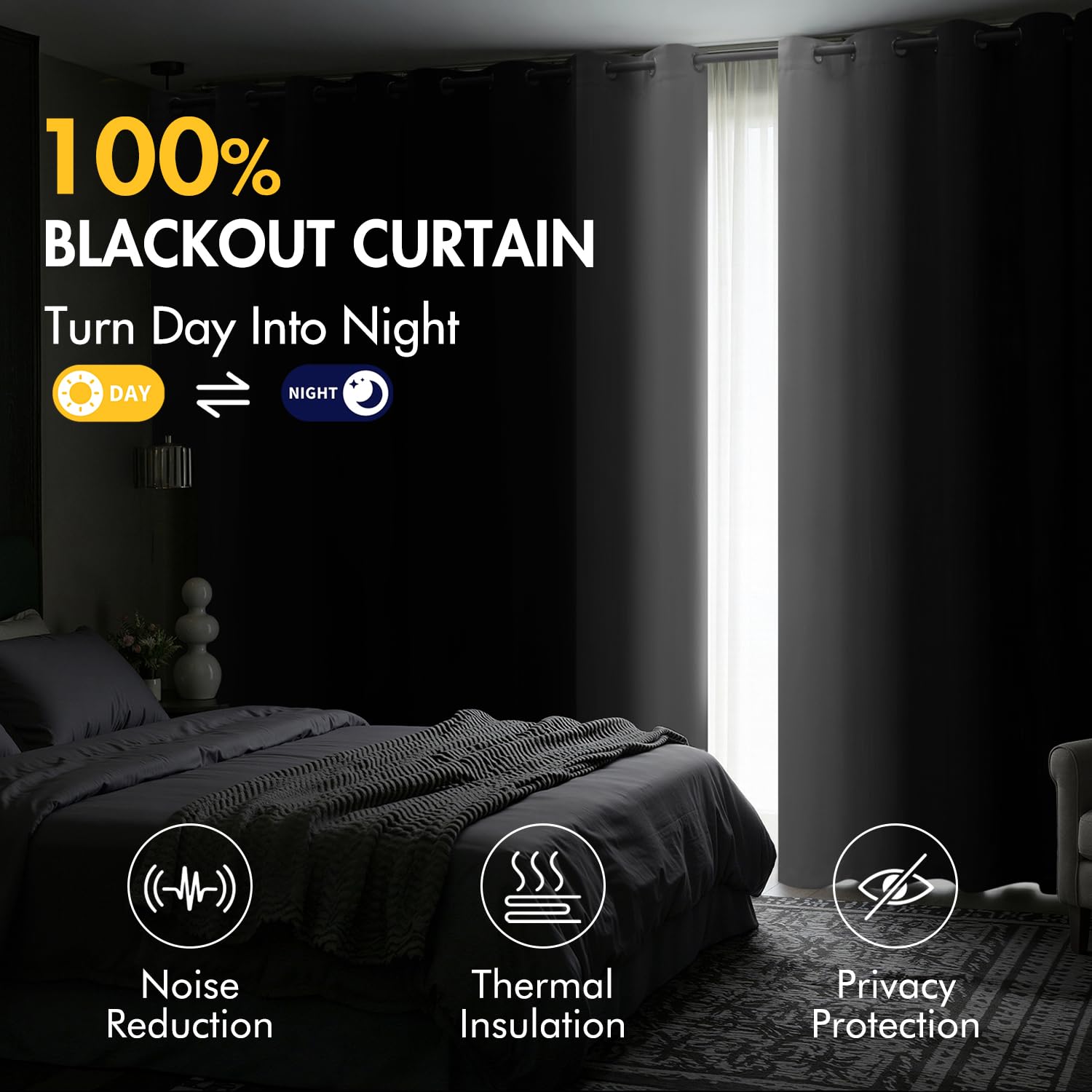 MIULEE Ombre blackout curtains mounted on rod in a living space with navy-gray-white gradient