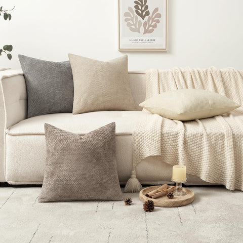 MIULEE chenille pillow cover demonstrates durability with a heavyweight look on a couch.