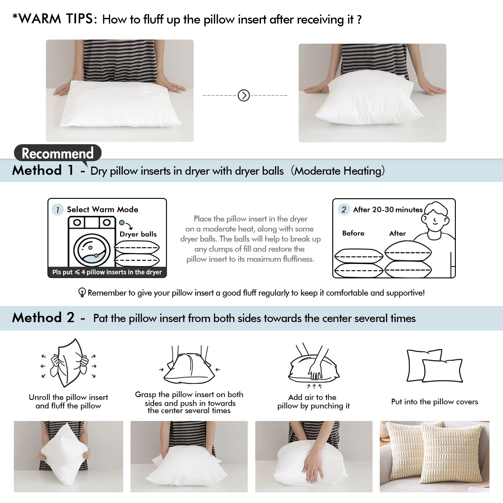 MIULEE 20x20 care instructions and handling for pillow inserts