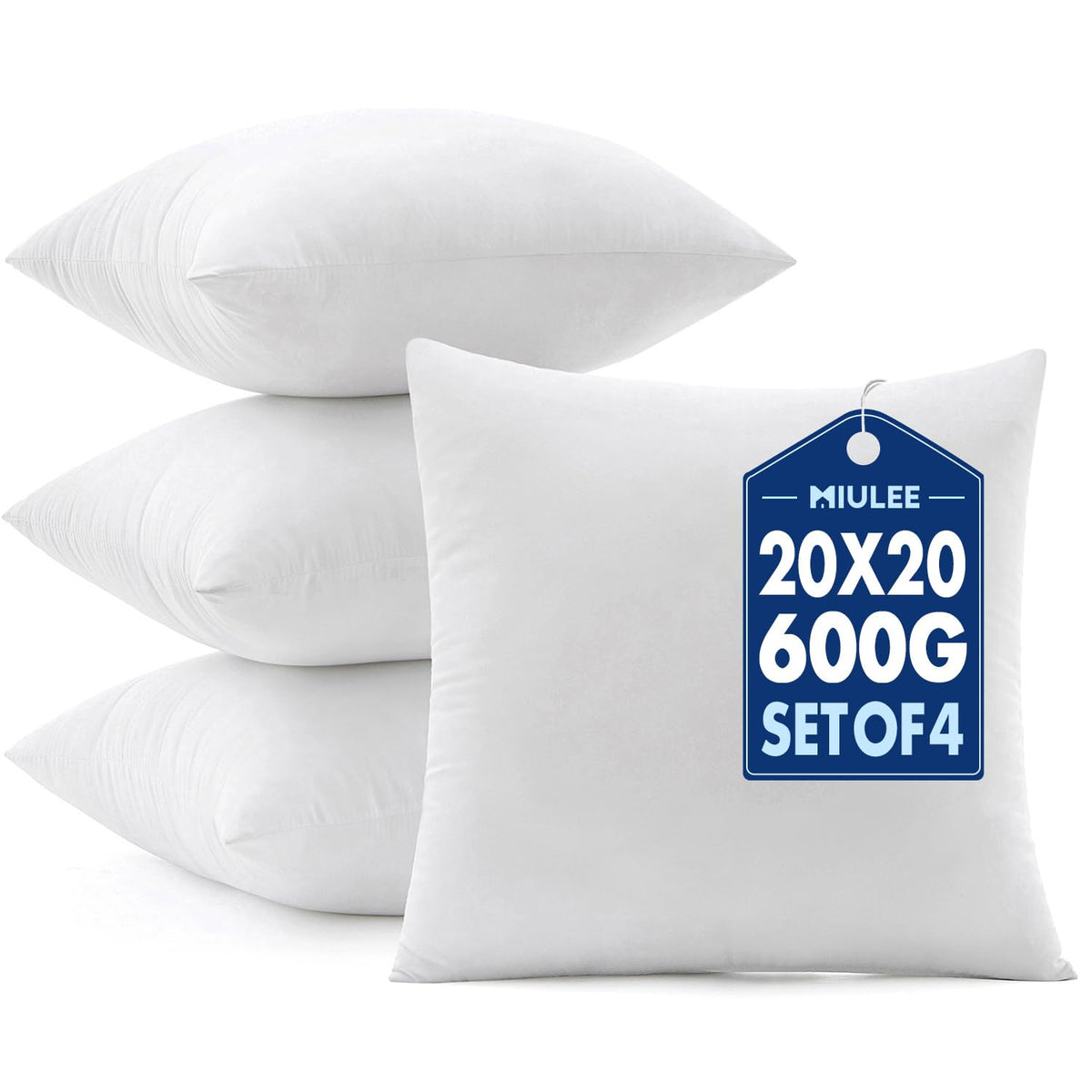 MIULEE pillow inserts pack 4 20x20 inches with plush, lasting loft.