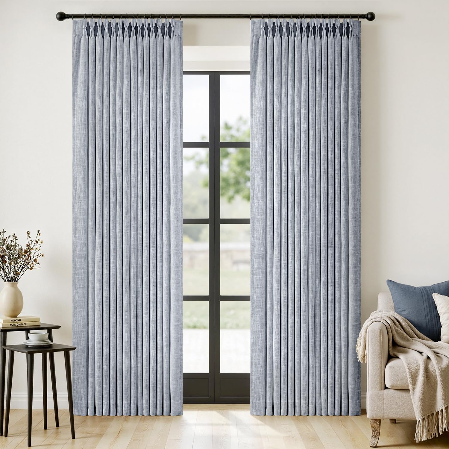 MIULEE pinch-pleated linen curtain with 84in length offering elegant drape and soft light diffusion.