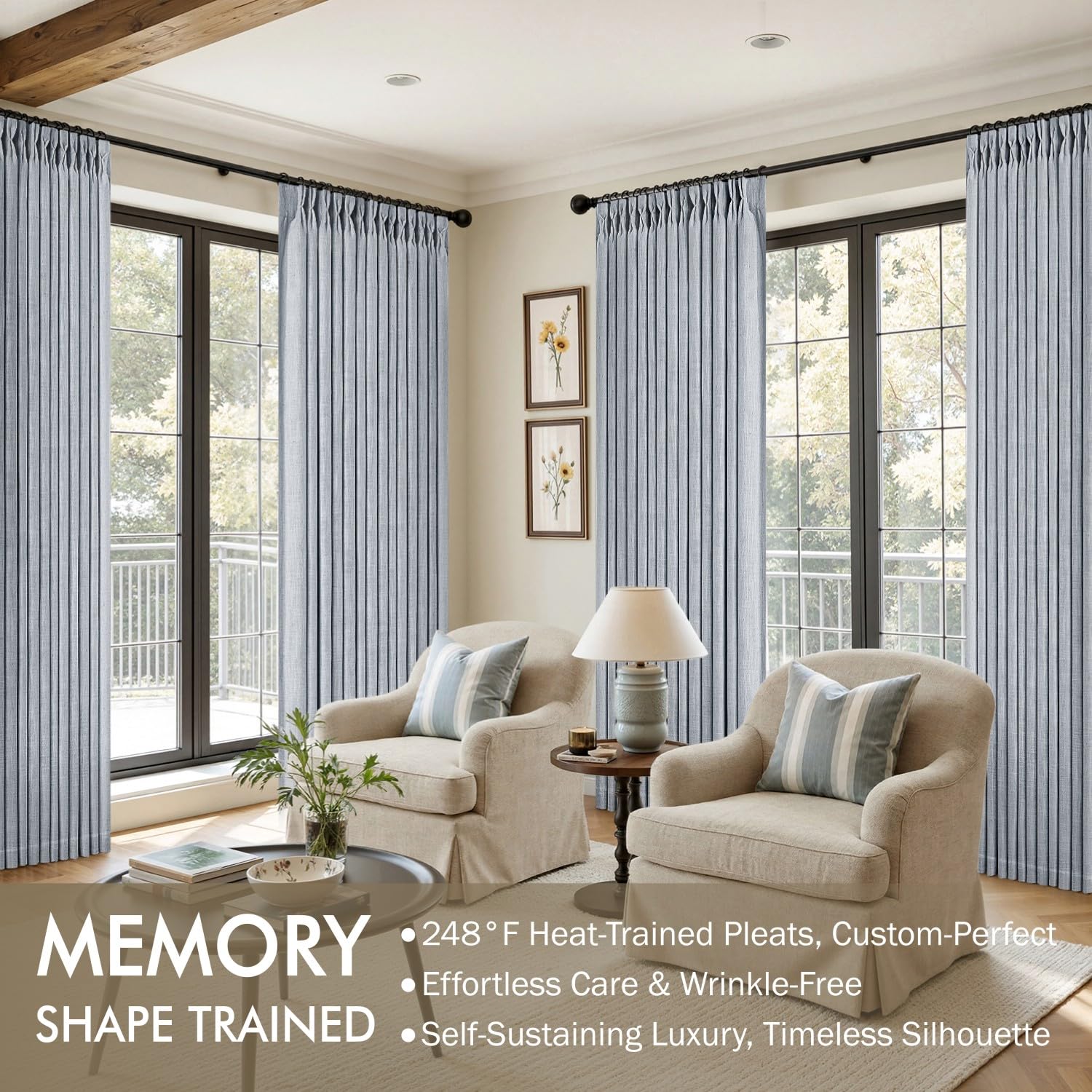 MIULEE light-blue linen curtain highlighting calm privacy and natural glow.