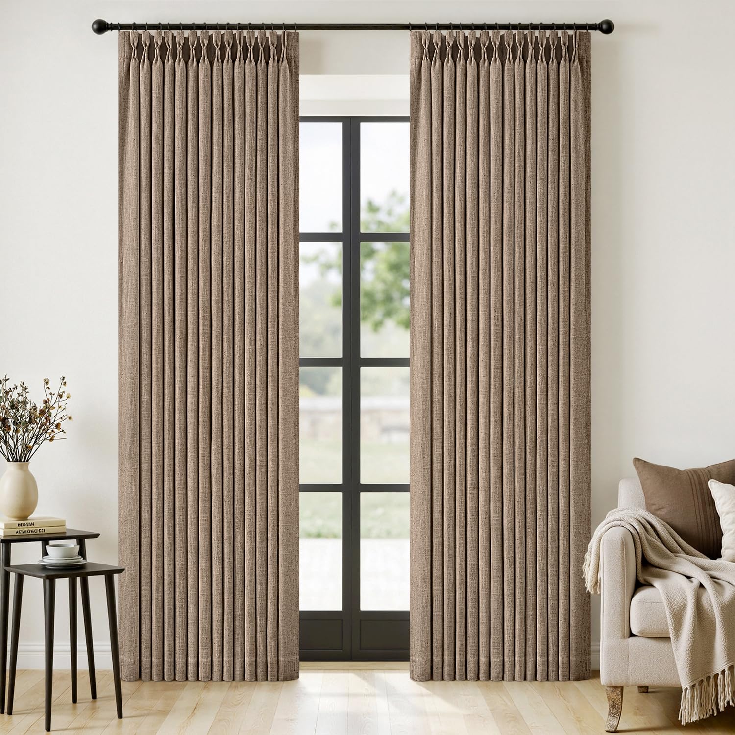 MIULEE pinch-pleated linen curtain closeup showing rich texture and privacy.