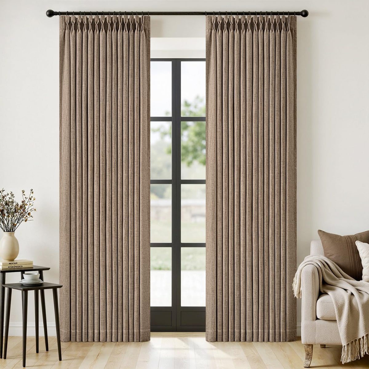 MIULEE pinch-pleated linen curtain closeup showing rich texture and privacy.