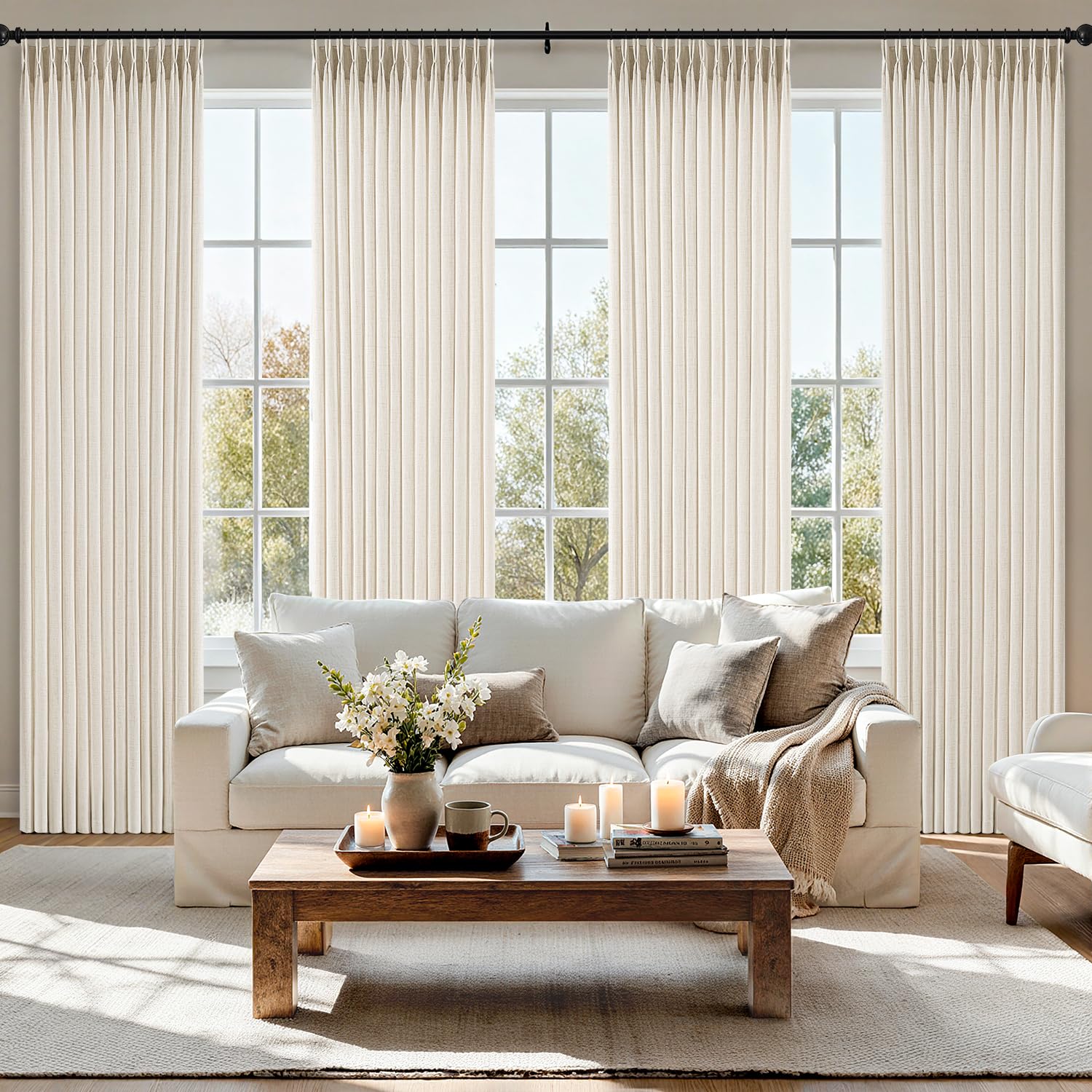 MIULEE pinch pleated linen curtains in ivory cream offer light filtering and privacy.