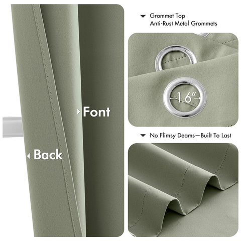 MIULEE Sage Green blackout curtains grommets detail on metal rings
