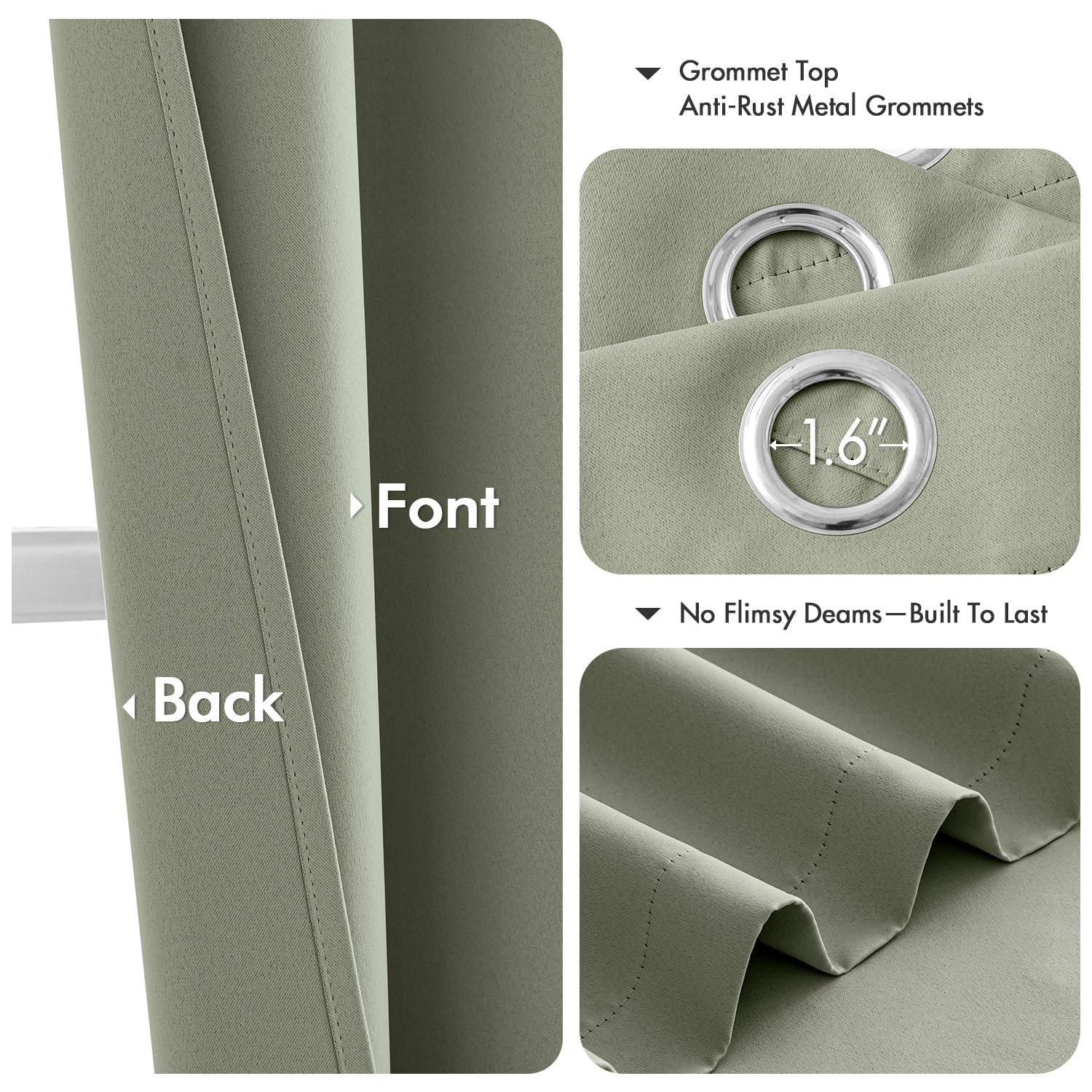 MIULEE sage green blackout curtains, light-blocking visual, darken bedrooms for focused relaxation.