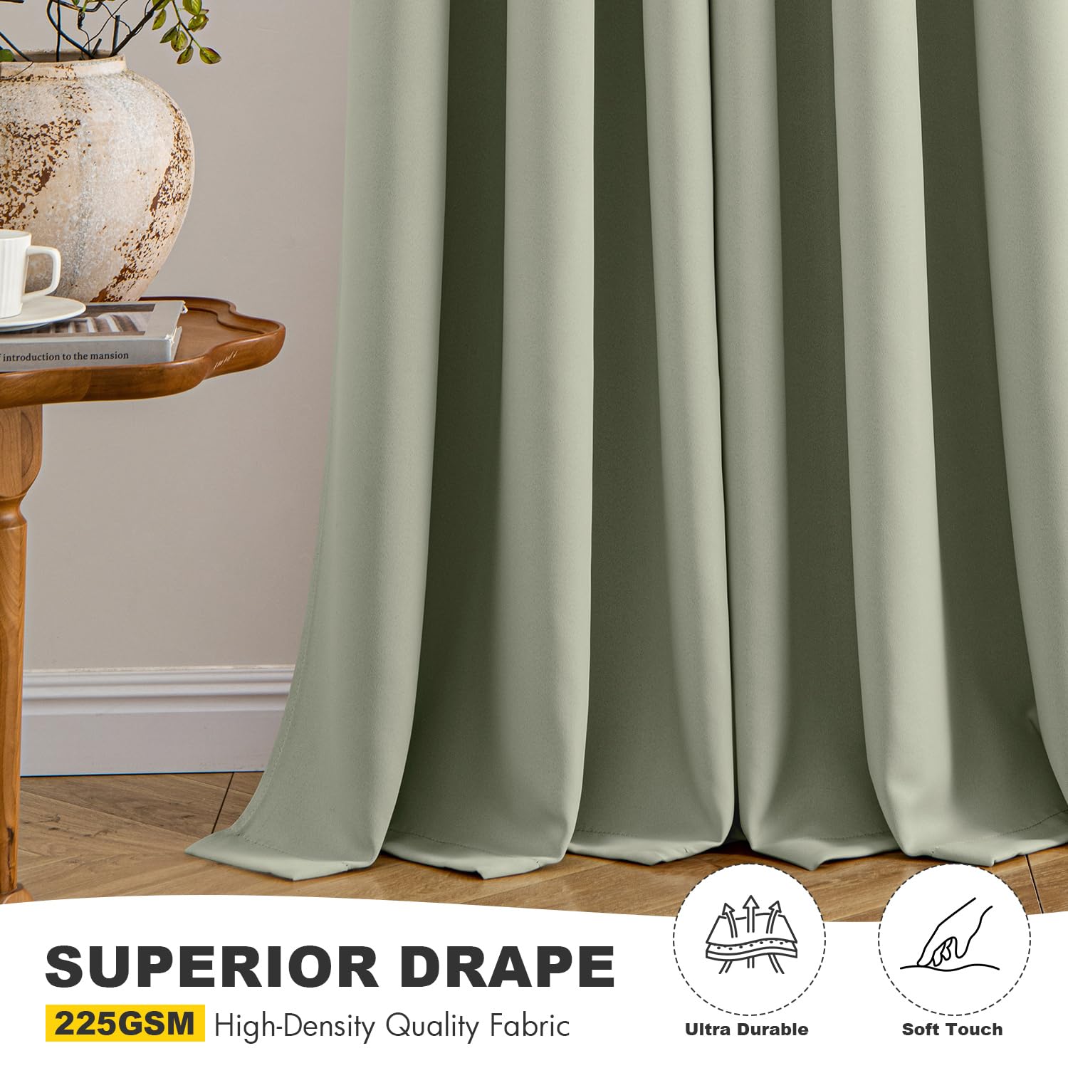 MIULEE sage green blackout curtains, machine washable for easy maintenance.