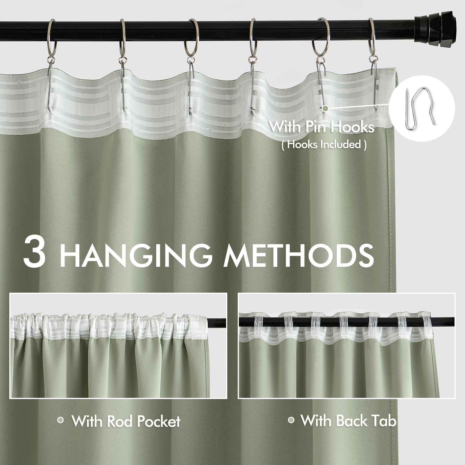 MIULEE sage green curtains back-tab design provides a neat, tailored silhouette.
