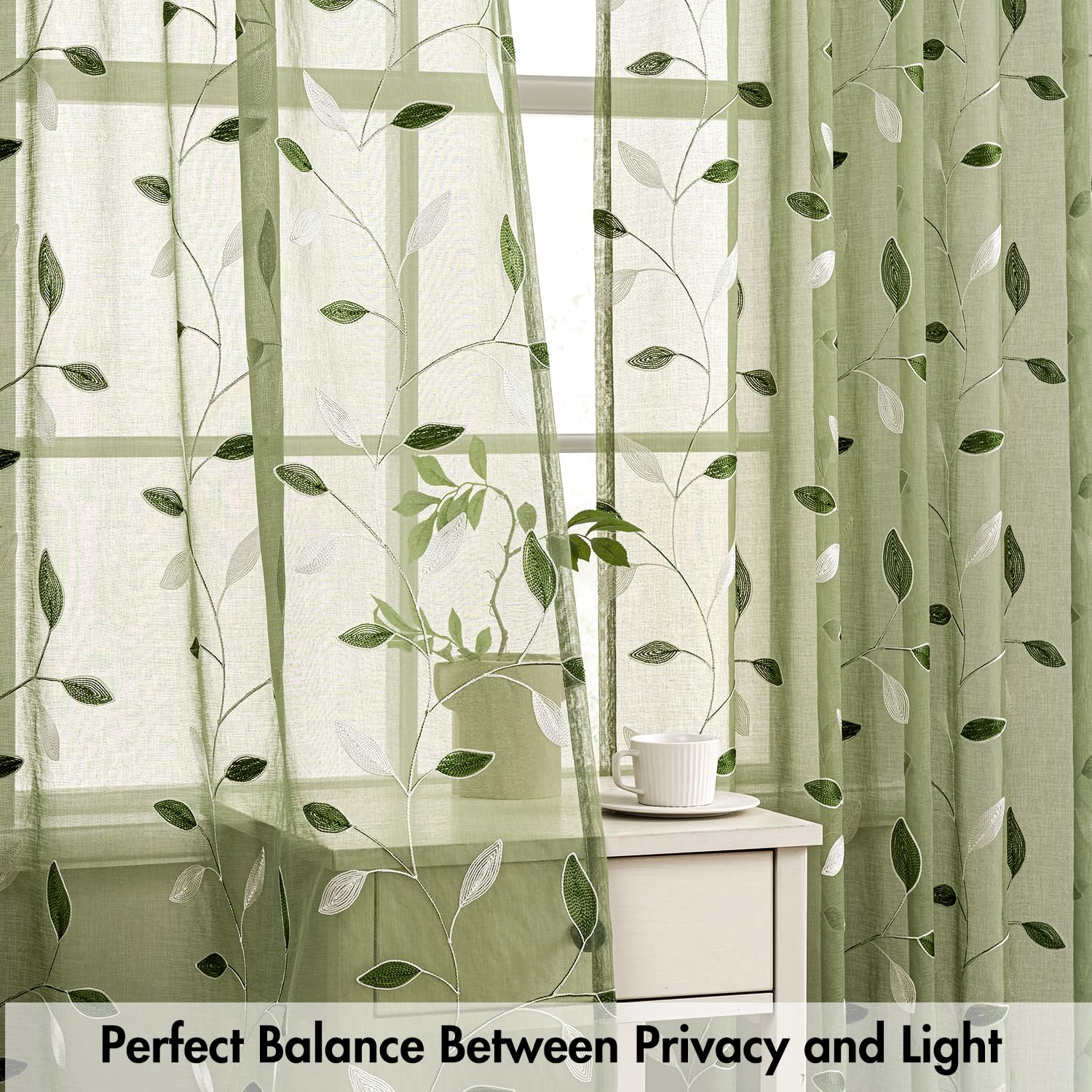 MIULEE sage green curtains filtering light to create a warm, private atmosphere.