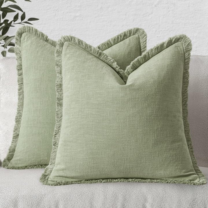 MIULEE sage-green linen fringe edges pillow cover adds rustic charm to your living room.