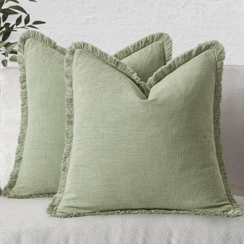 MIULEE sage-green linen fringe edges pillow cover adds rustic charm to your living room.