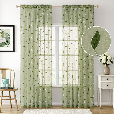 MIULEE sage green sheer curtains showing rod-pocket design for easy hanging.