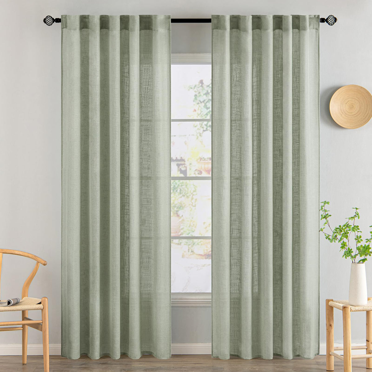 MIULEE Sage Linen Curtains front view with soft light filtering for living spaces.