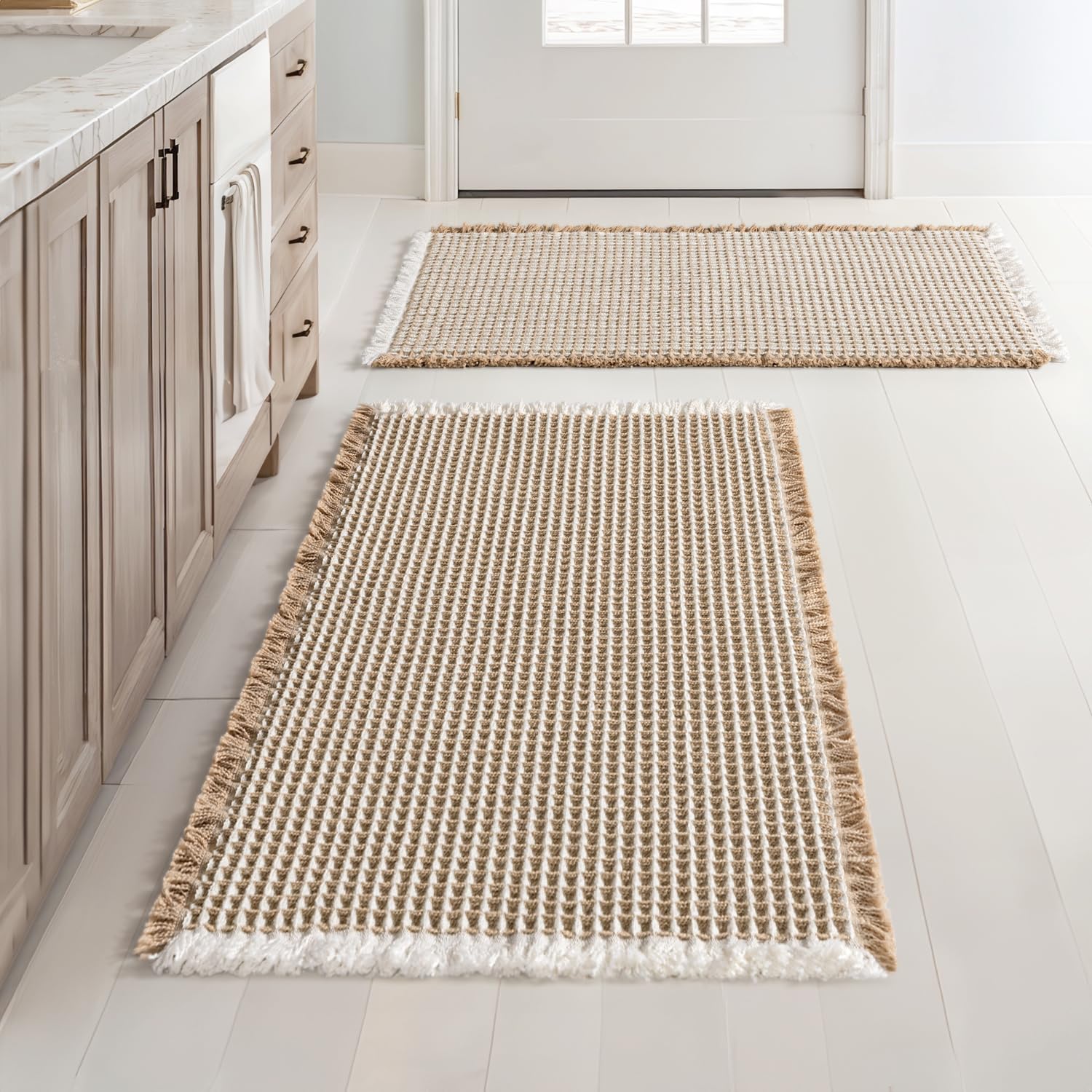 MIULEE waffle bath rug set, brown and white, with non-slip backing for safe bathroom steps.