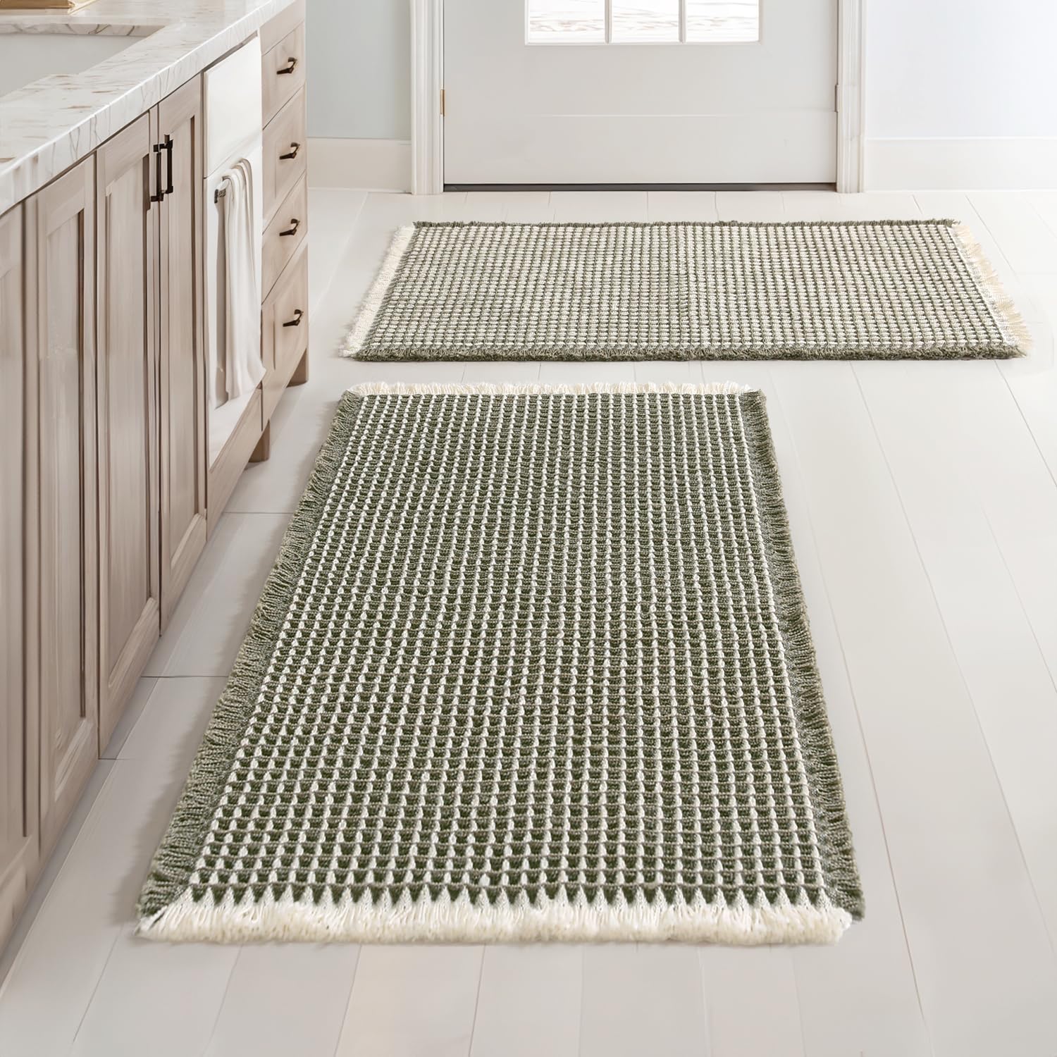 MIULEE waffle bath rugs set in green and cream add cozy style and absorbent comfort