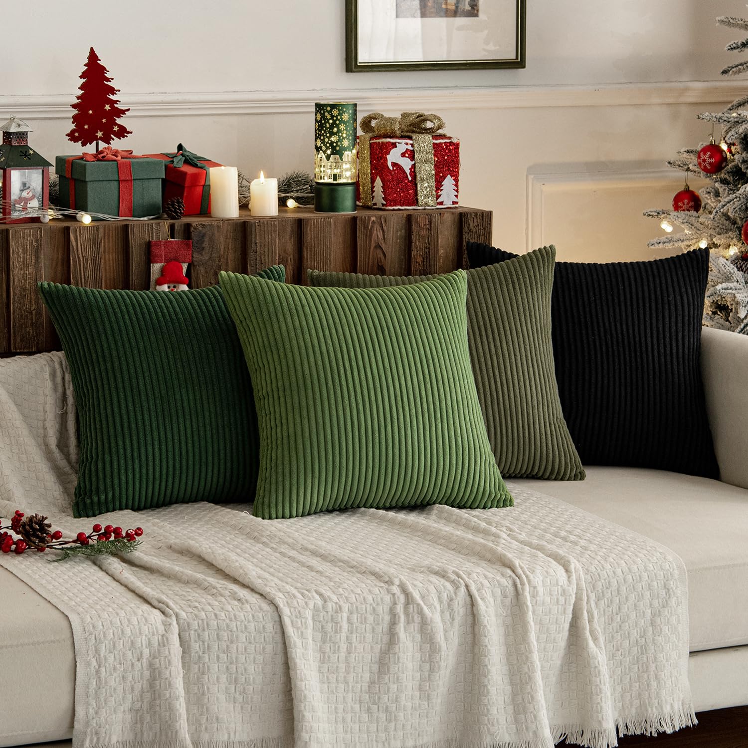 MIULEE four-pack pillow covers in emerald and pine for versatile styling.