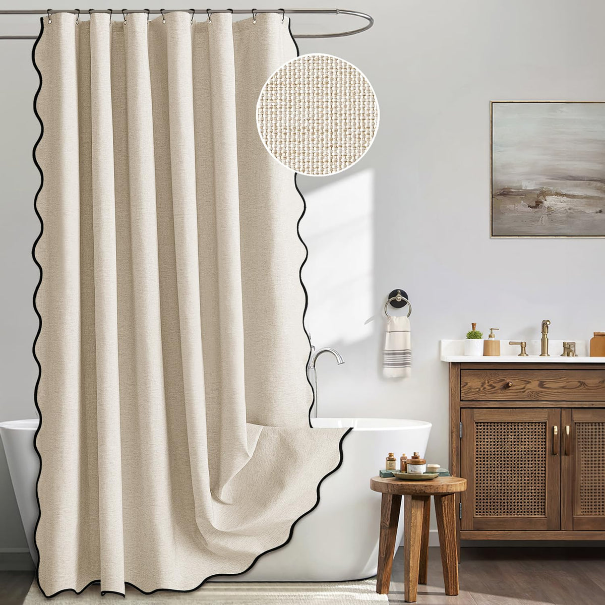 MIULEE scalloped beige shower curtain with linen texture adds privacy.