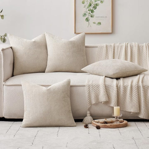 MIULEE cream chenille pillow cover texture close-up emphasizing durable stitching