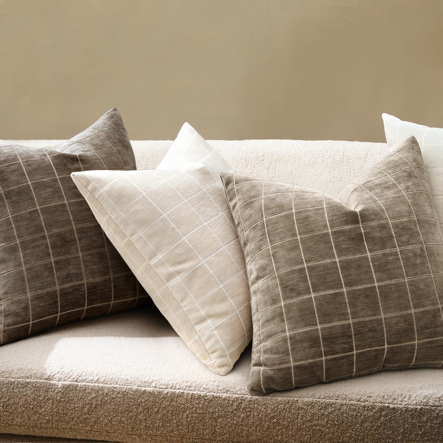 MIULEE taupe grey colorway pillow cover complements neutral living room schemes.