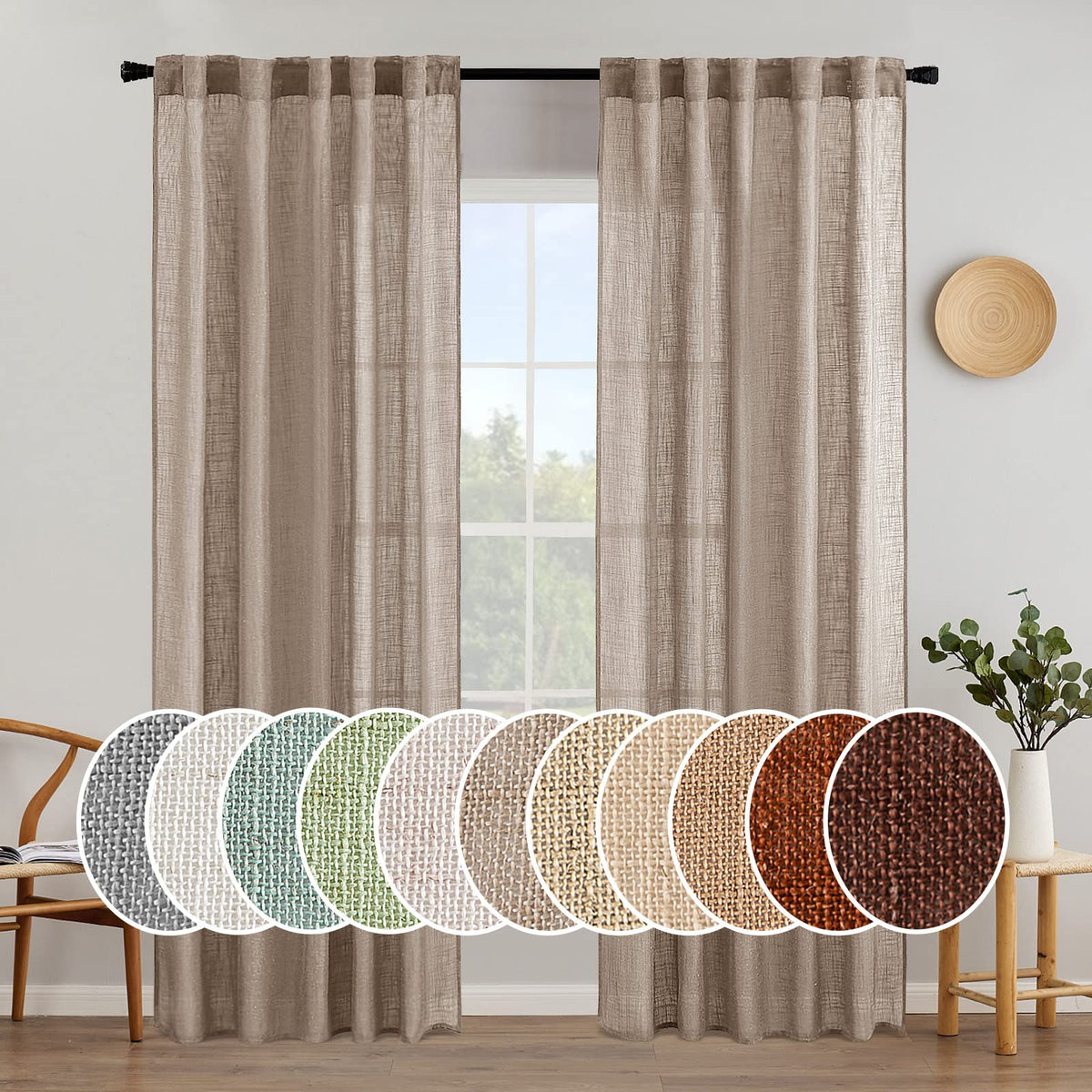 MIULEE taupe linen curtains front view highlighting soft texture for neutral decor.