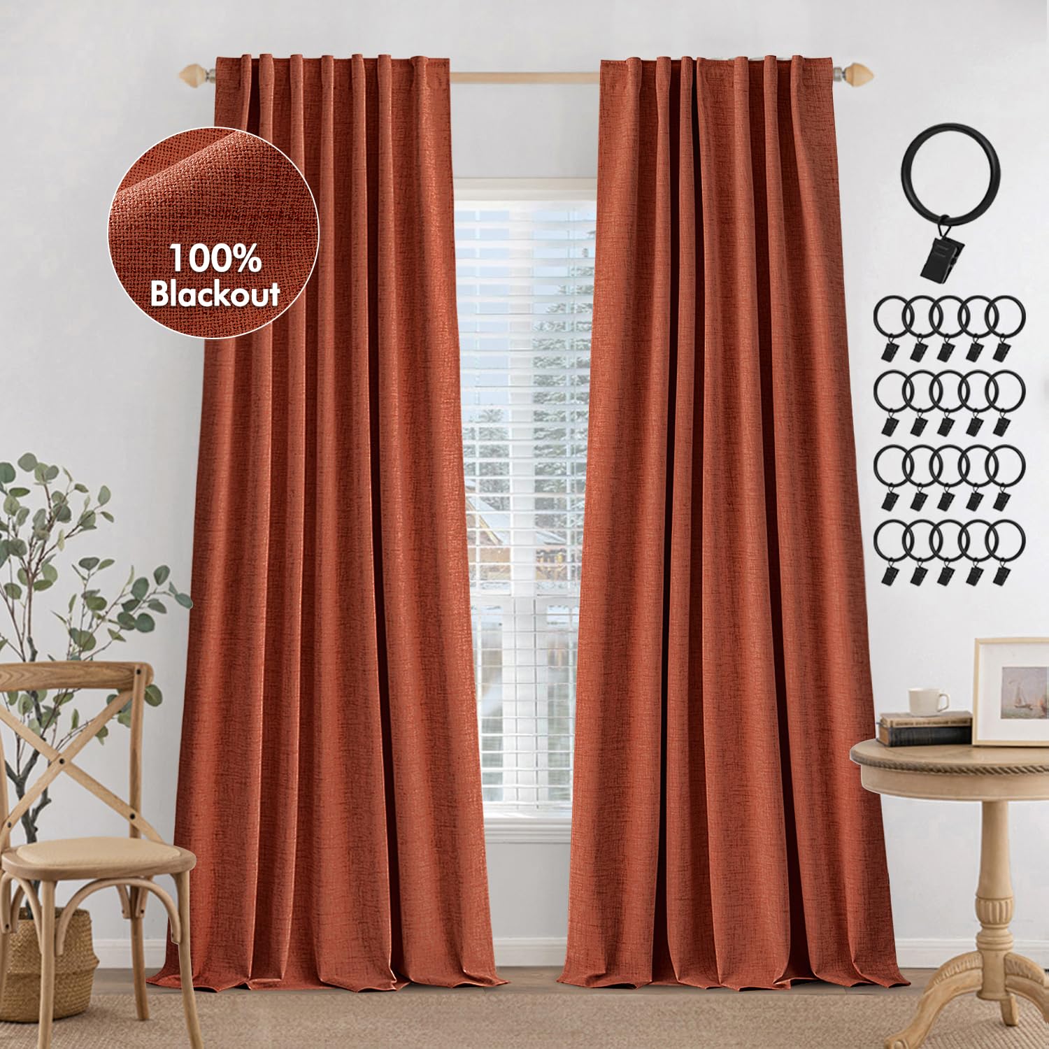 MIULEE Terracotta blackout curtains closeup texture highlighting linen weave and refined drape.