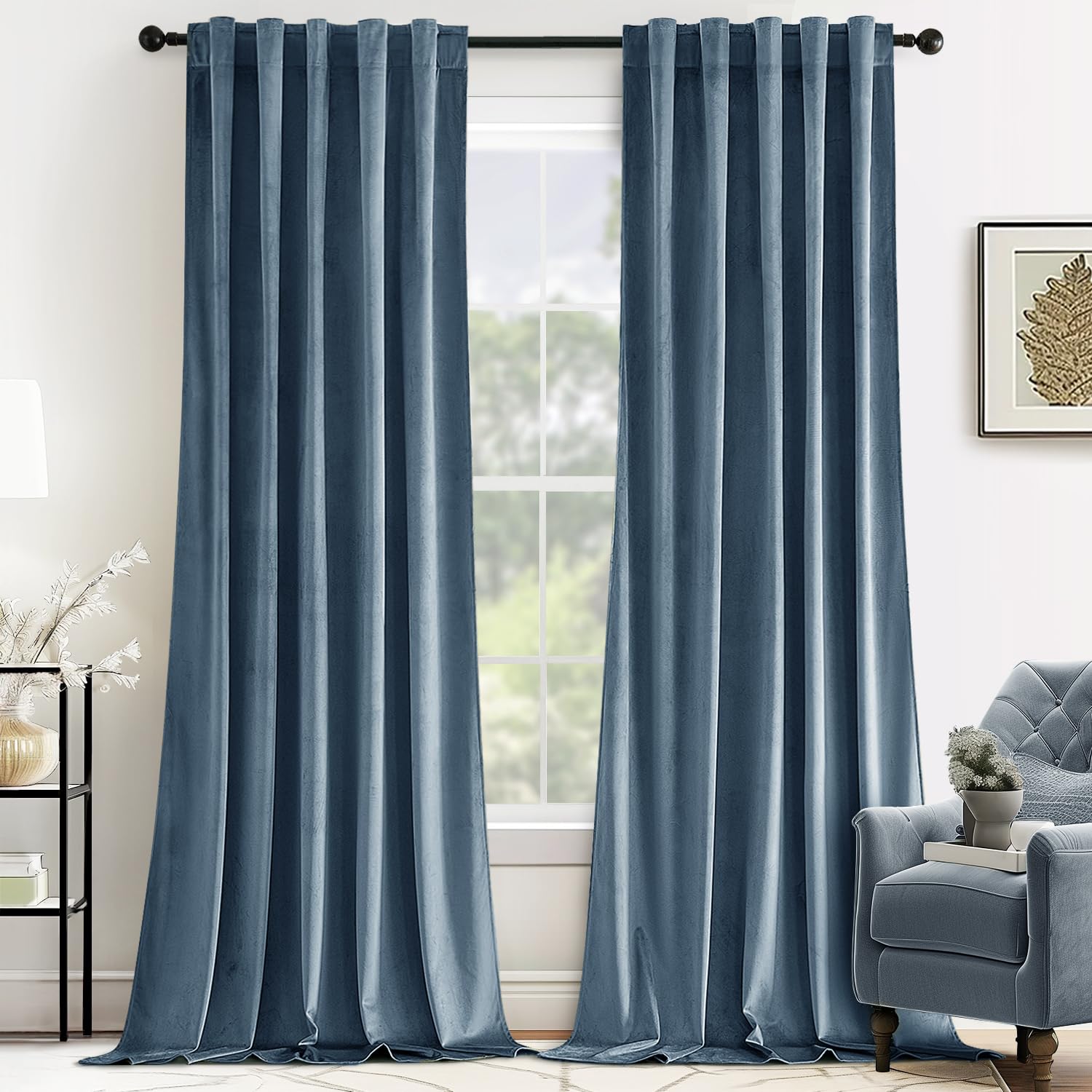 MIULEE velvet curtains in dusty blue with silky texture for refined living spaces.