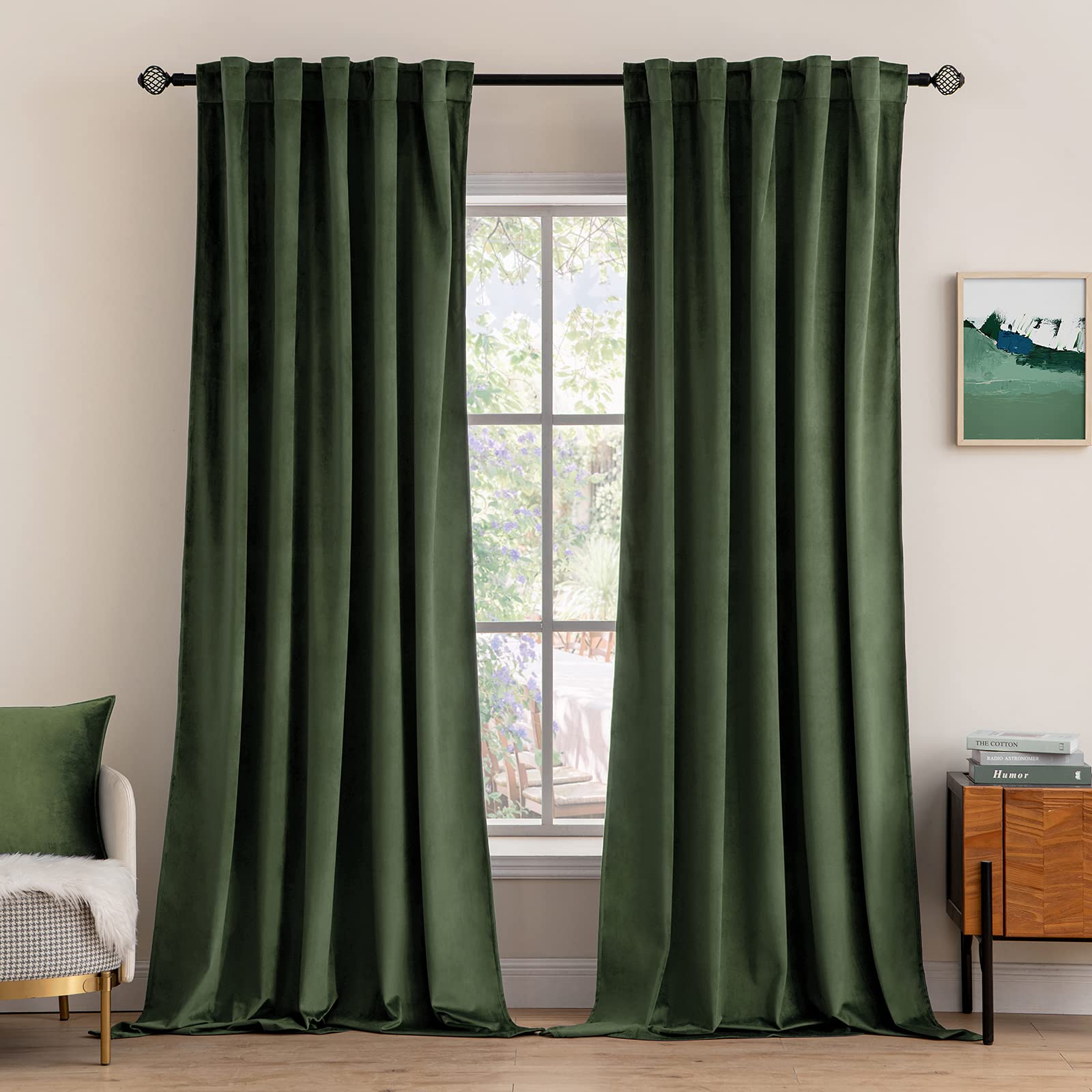 MIULEE velvet curtains olive-green close-up texture showing a soft, luxurious fabric.