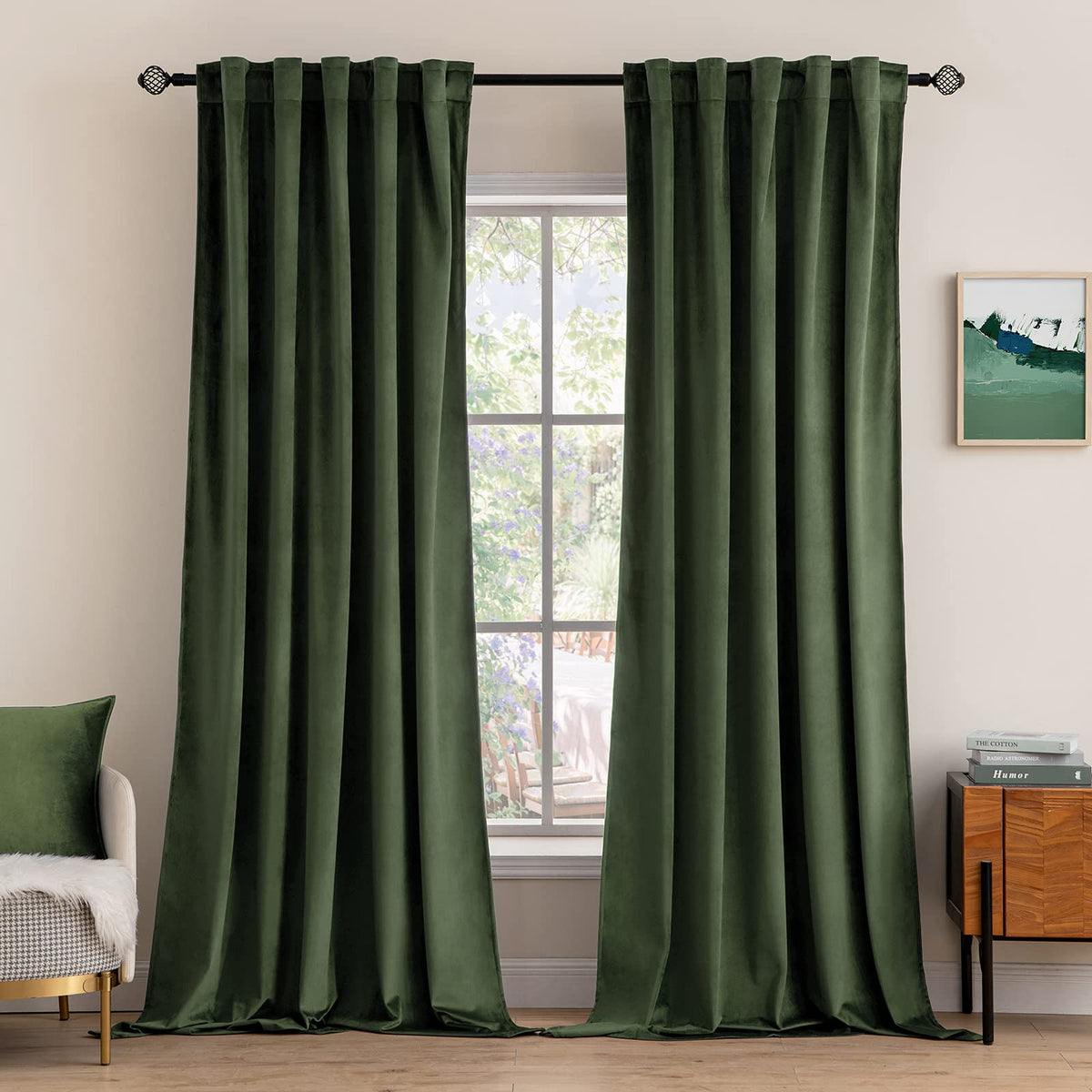 MIULEE velvet curtains olive green closeup highlighting soft texture and premium finish.